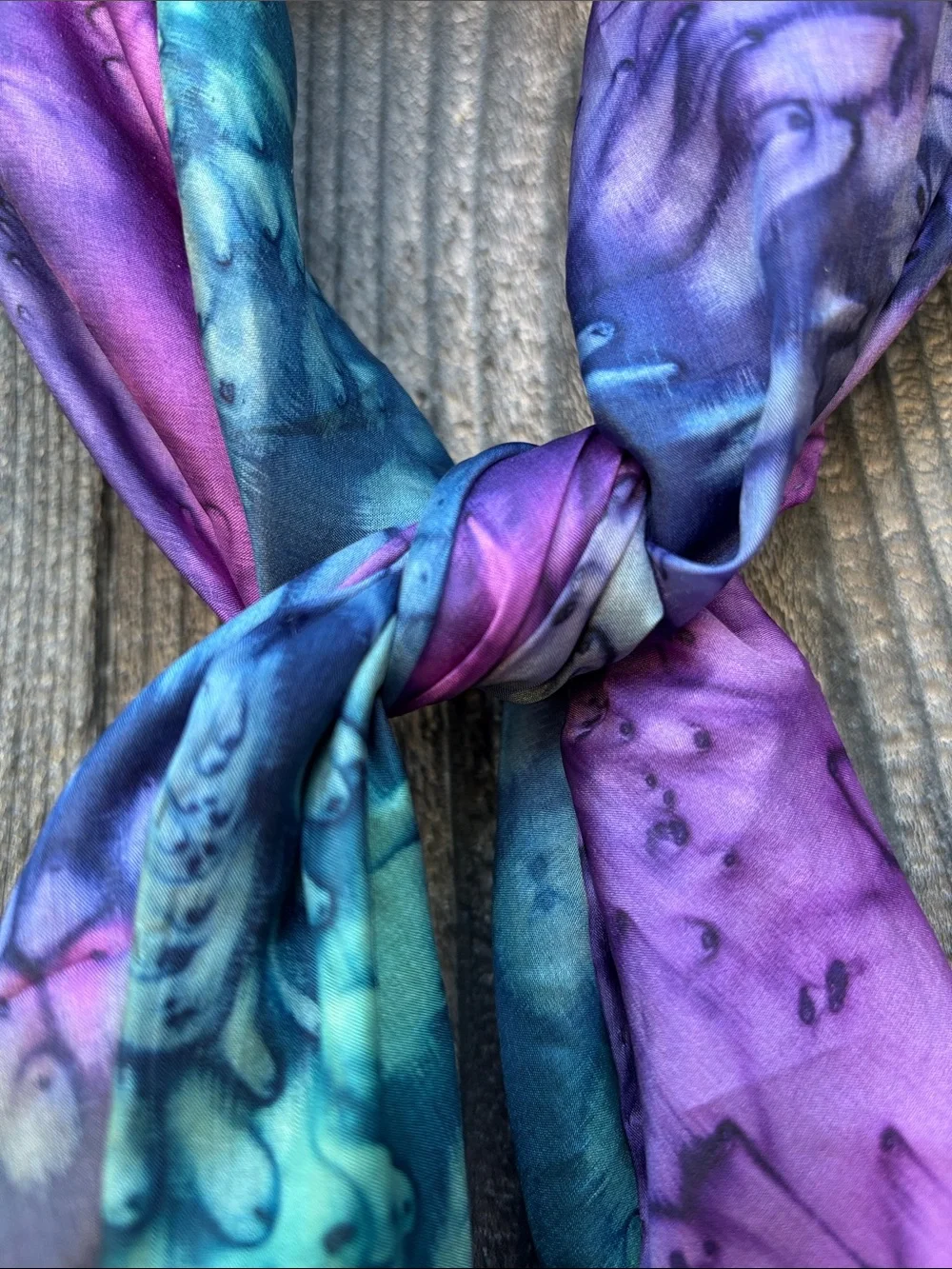 100% Silk Hand Dyed Art to Wear Sheer Neck Scarf Purple Turquoise & Navy Soft!